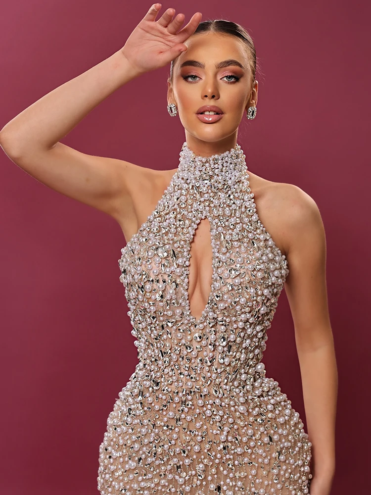 VC Vestido largo halter con cuentas beige sin mangas de lujo con detalle recortado Vestido de sirena para fiesta Galas