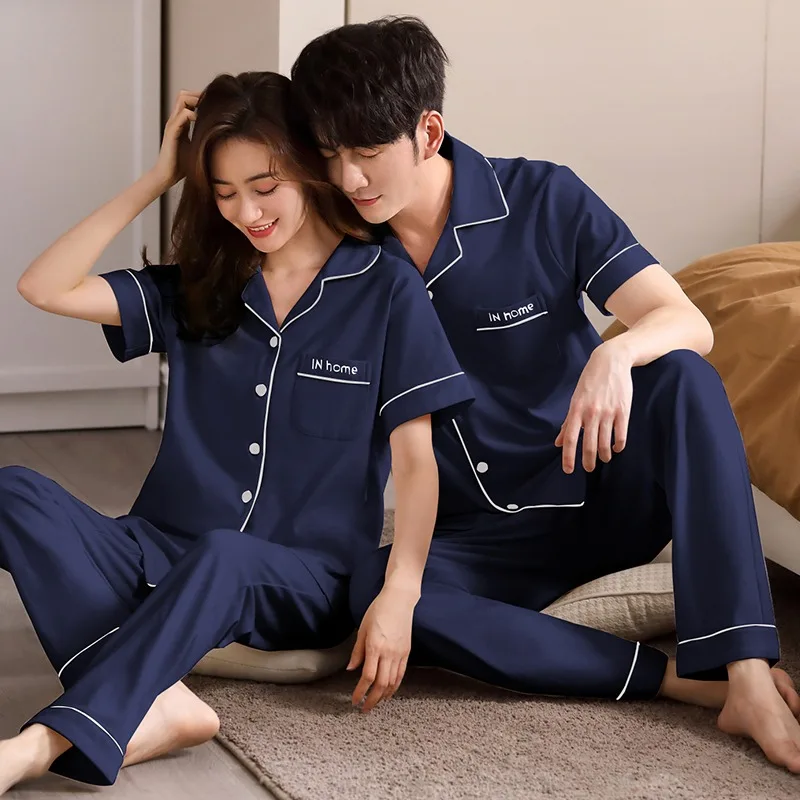 Pajamas Of Couple Solid Color Sleepwear Silk Satin Pijama Sets Short Sleeve Pyjamas Home Wear Women&Men Loungewear Plus Size