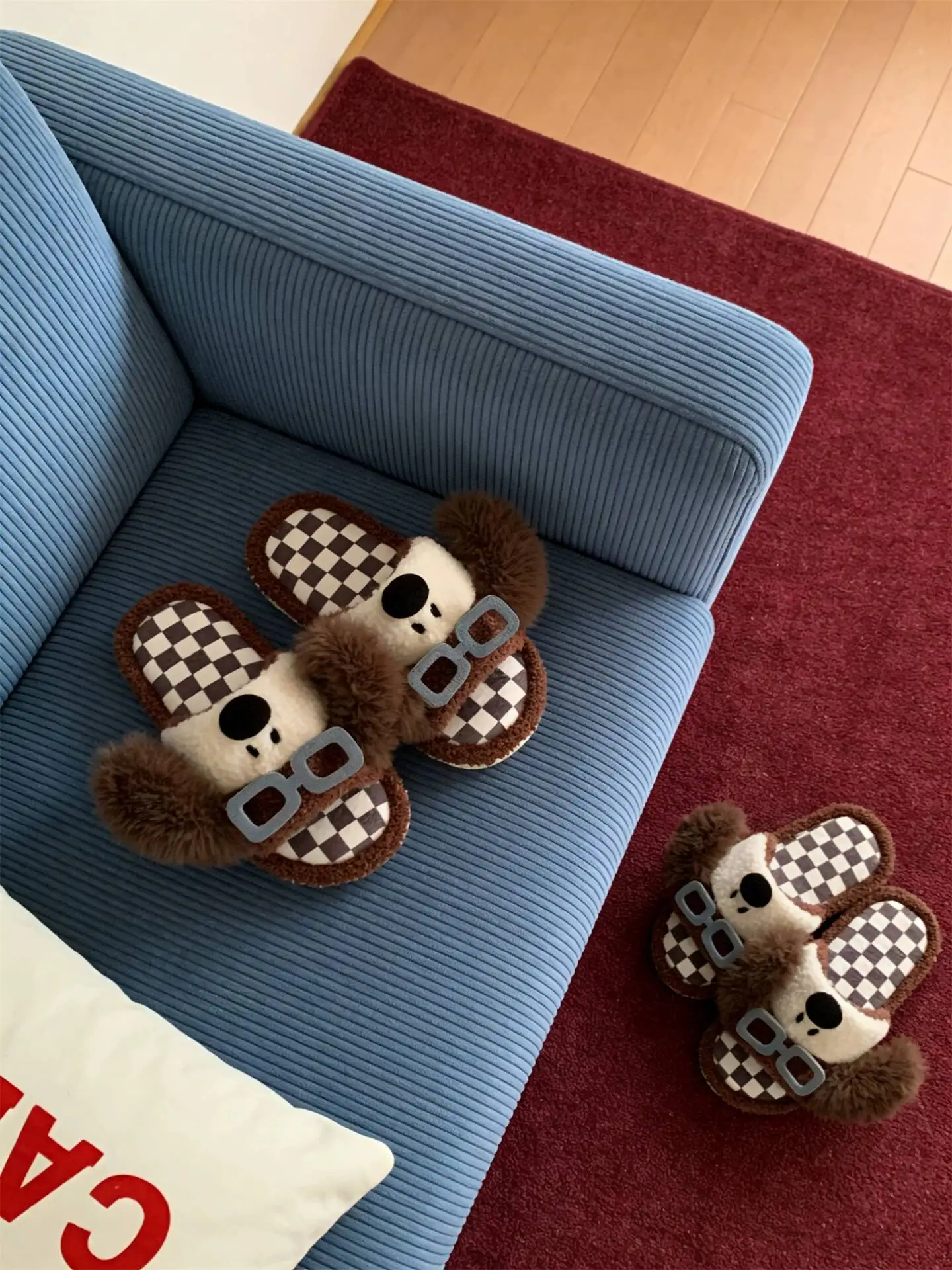 2026 Autumn Winter Couple Furry Slippers Funny Dog With Glasses Print Non Slip Indoor One Band Cotton Slides Ins Style Men Women