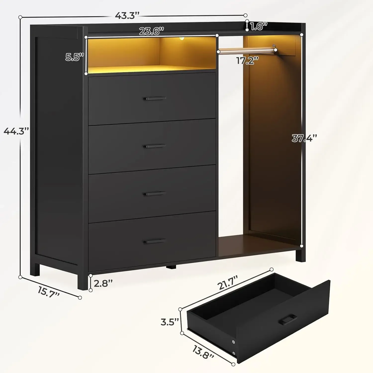 Dresser for Bedroom with Clothes Rail, Chest of 4 Drawers with LED Lights, Modern Black Dresser with Open Storage Space f