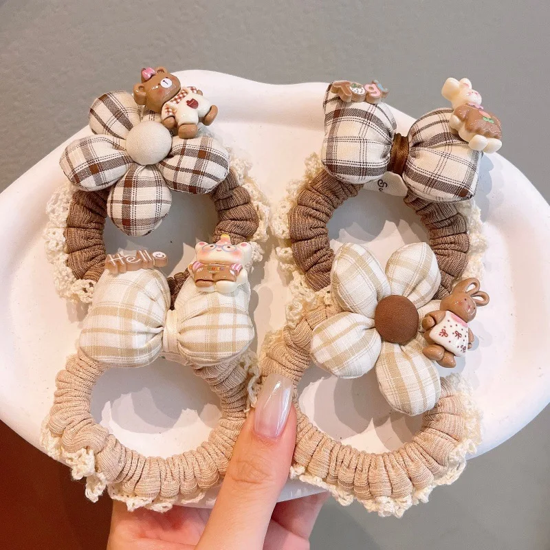 Plaid Flower Hair Scrunchie Bear Rabbit Doll Elastic Hair Tie Girl Accessory Soft Fabric Hair Ring Kawaii Ponytail Holder ZY07