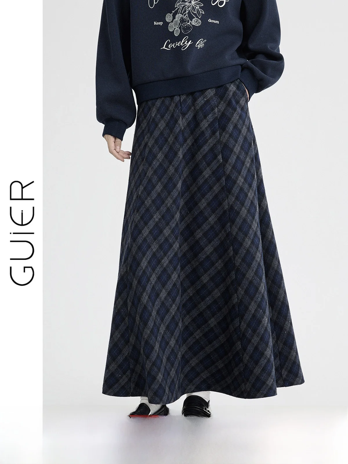 

High Waist A-Line Skirt Women's Plaid Woolen Winter Vintage Versatile Slimming Skirt Casual Style without Slit