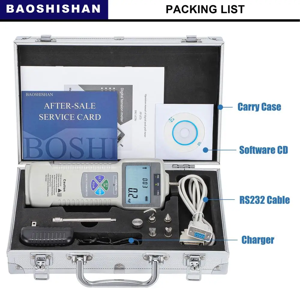 مقياس القوة الرقمي، مخرج البيانات، ملحقات قابلة لإعادة الشحن، حقيبة حمل للتخزين