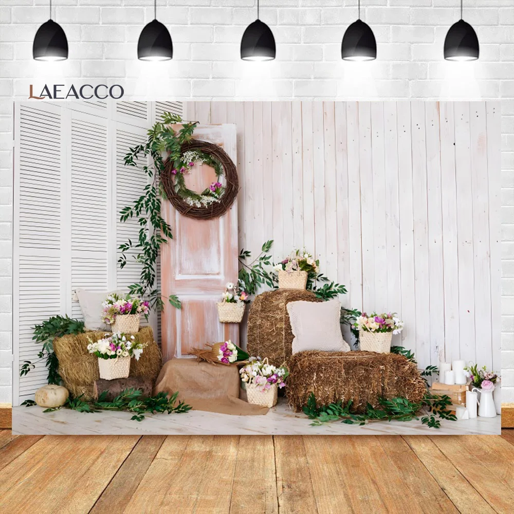 

Laeacco Fall Rustic Wooden Straw Flower Photo Backdrop Autumn Wreath Barn Kids Child Birthday Portrait Photography Background