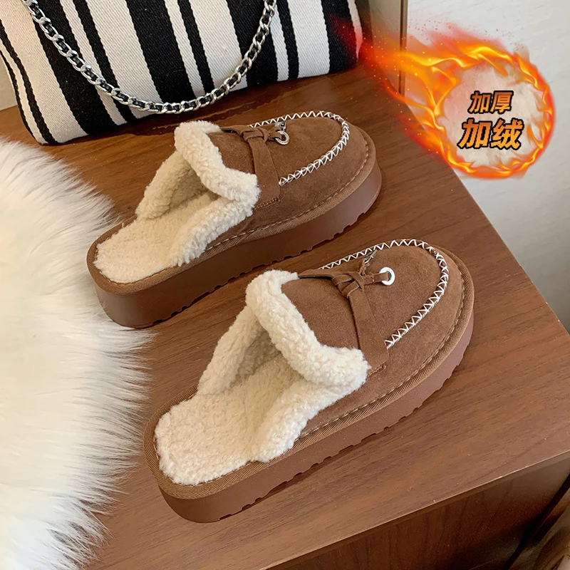 CRLAYDK Winter Fuzzy House Slieds Fur Lined Warm Shoes for Women Platform Indoor Ourdoor Bedroom Suede Soft Comfy Slippers