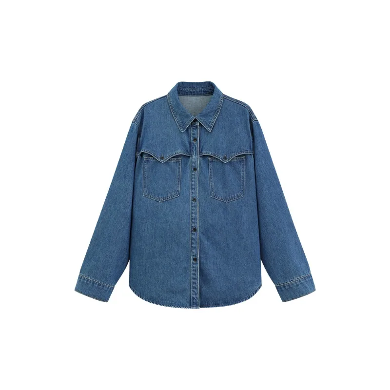 Vintage Denim Shirt Loose Casual Jacket Women Fashion Retro Blouse with Drop Shoulder Design for Spring Layering and Commuting
