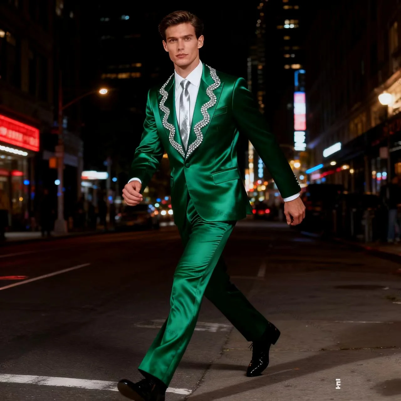 

Зеленый атласный мужской костюм-двойка (пиджак + брюки) с кристаллами, свадебный смокинг, для офиса и деловых встреч, на заказ