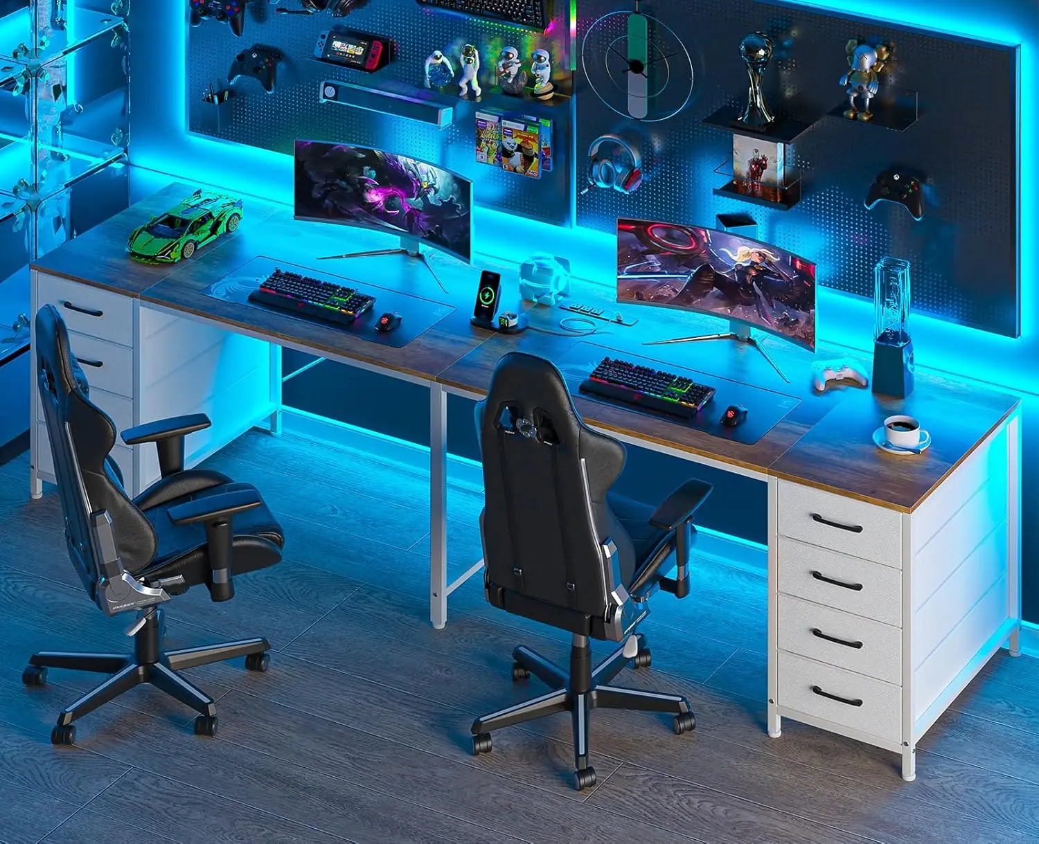 مكتب لشخصين مع 8 أدراج، محطة عمل على شكل حرف I، أبيض عتيق، منافذ USB #4