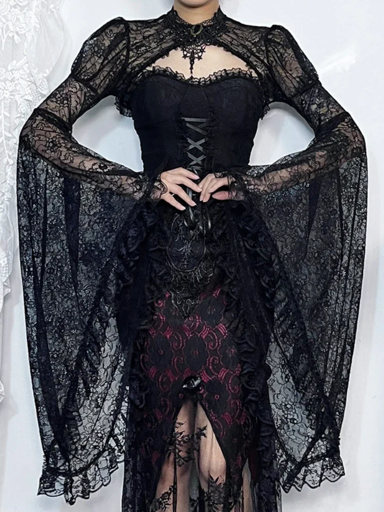 AltGoth Gothic Vintage See Through Smock Women Elegant Aesthetic Palace Style Lace Crop Top Halloween Cosplay Rave Outfit Female