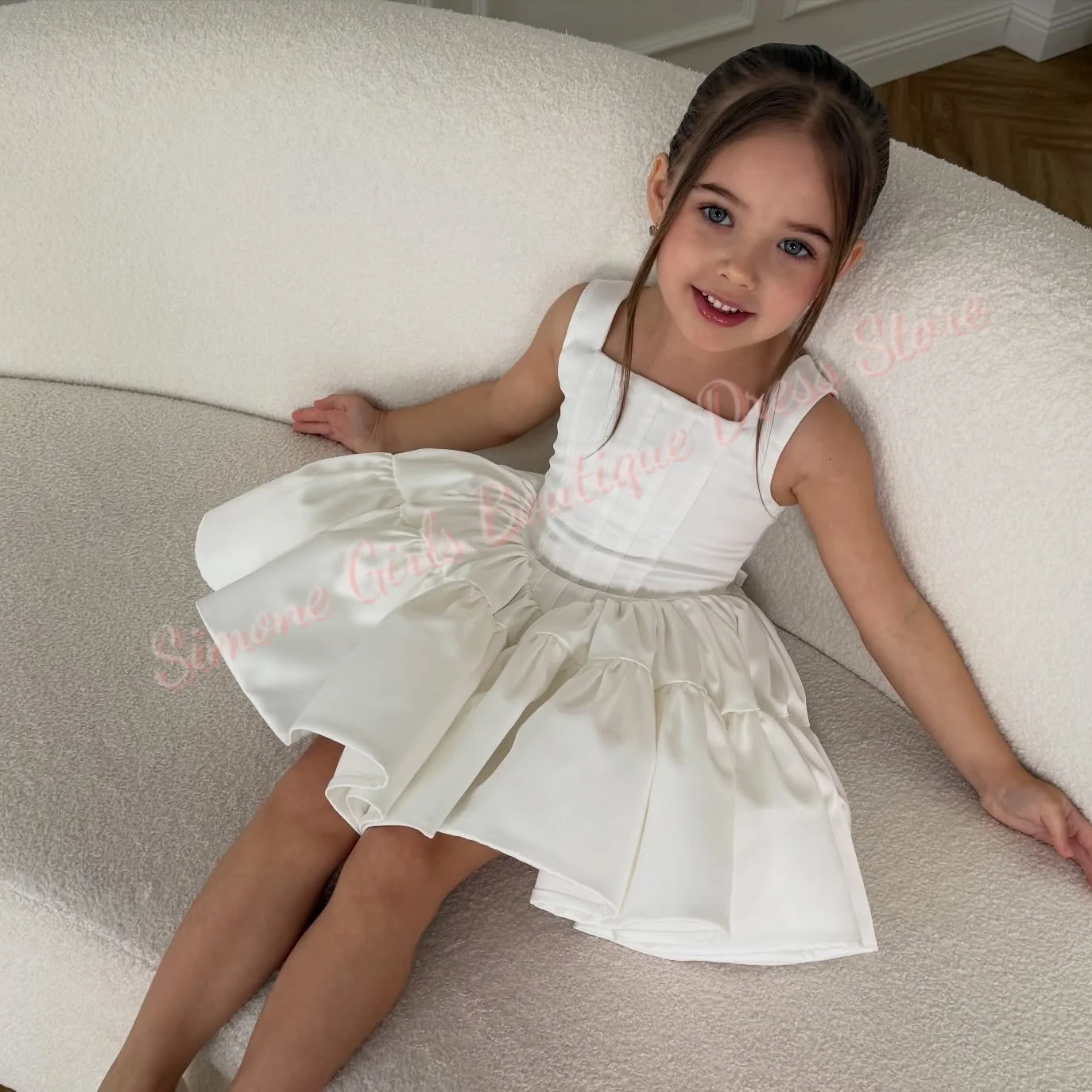 Maßgeschneidertes weißes Blumenmädchenkleid für die Hochzeit, ärmellos, knielang, elegant, niedlich, für Kindergeburtstag, Party, Erstkommunion