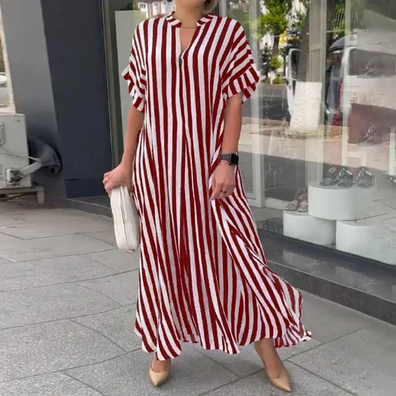 Women Striped Printed V Neck Long Dress Summer Short Sleeve Side Split Shirt Dresses Casual Oversized Maxi Dress Robe De Plage