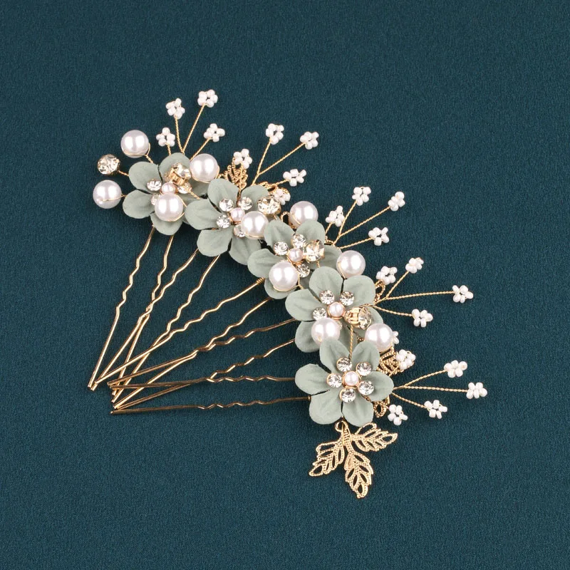 3Pcs Forest Style Bridal U-shaped Hair Pins, Light Green Flower Inlaid Faux Pearl Hair Sticks, Bridesmaid Hairstyle Accessories