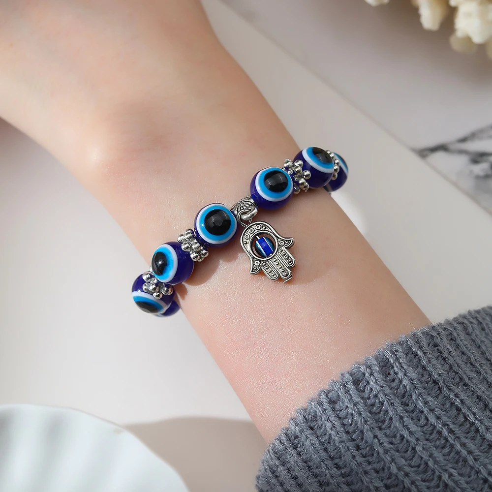 Blue Evil Eye Bracelet Hand of Fatima Turkey Thousand Eyes Wish Handmade Women's Resins Bead Bangle Elastic Bracelets Jewelry