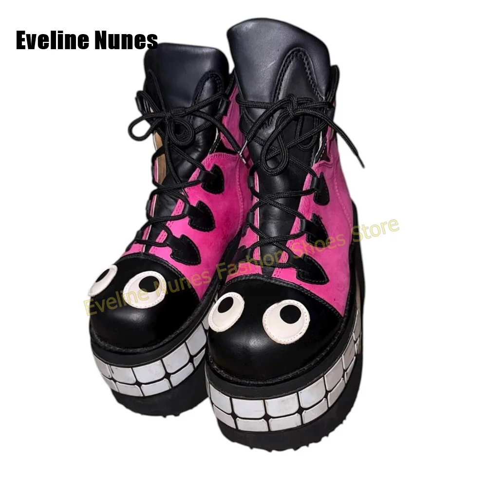 Cartoon Monster Eye Grin Tooth Decor Pumps 2026 New Trend Y2K Punk Platform Ankle Booties Lace Up Round Toe Wedge Street Style