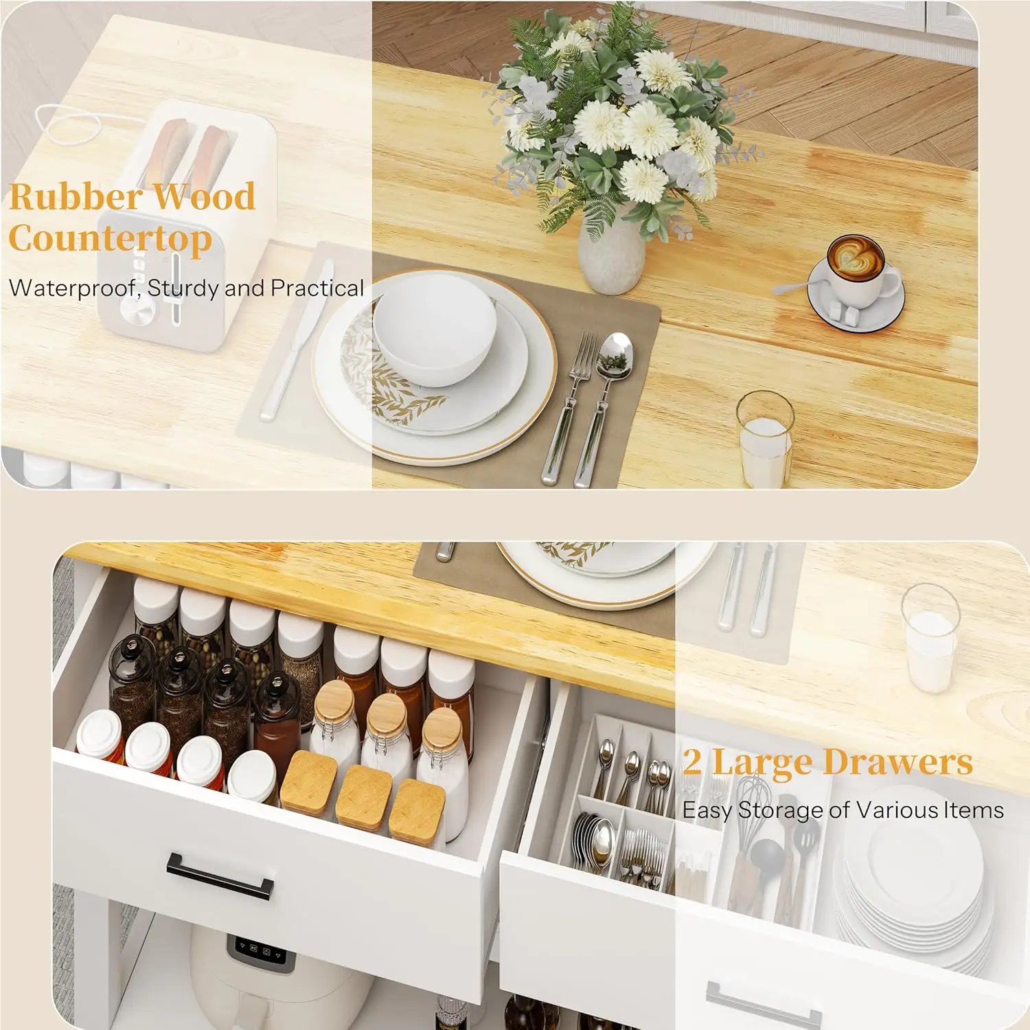 جزيرة مطبخ من الخشب المطاطي الصلب مقاس 47.3 بوصة مع منافذ - طراز المزرعة، سطح عمل كبير، درجين ورفوف مفتوحة