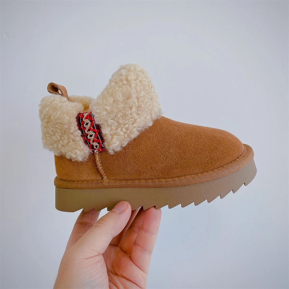 Kid's Classic Fur Snow Boots Children Genuine Suede Leather Shorts Boot Shoes Girl Mini Fashion Chestnut Keep Warm Cotton Boots