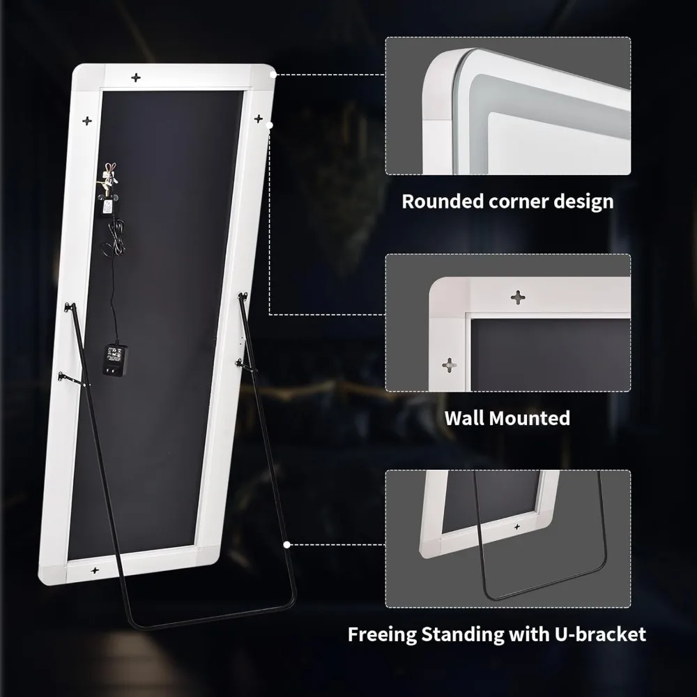 Espelho LED 63x20 de comprimento total - Espelho de chão com luzes reguláveis - 3 modos de cor, montado na parede inclinada em pé para quarto