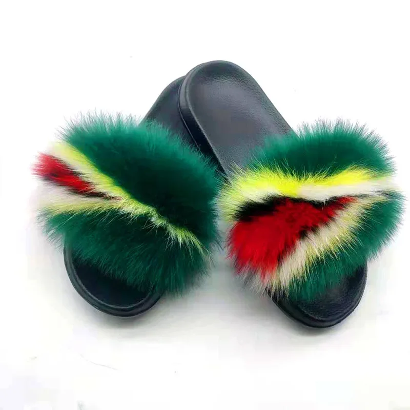 New Fox Hair Sandals Fashionable Flat-bottomed Real Hair One Word Drag Casual Beach Shoes Non-slip Fox Slippers Men Women Shoes