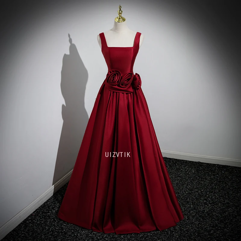 Бордовое роскошное вечернее платье трапециевидной формы, женское атласное платье с 3D цветами без рукавов и открытой спиной, платья для торжественных случаев по индивидуальному заказу