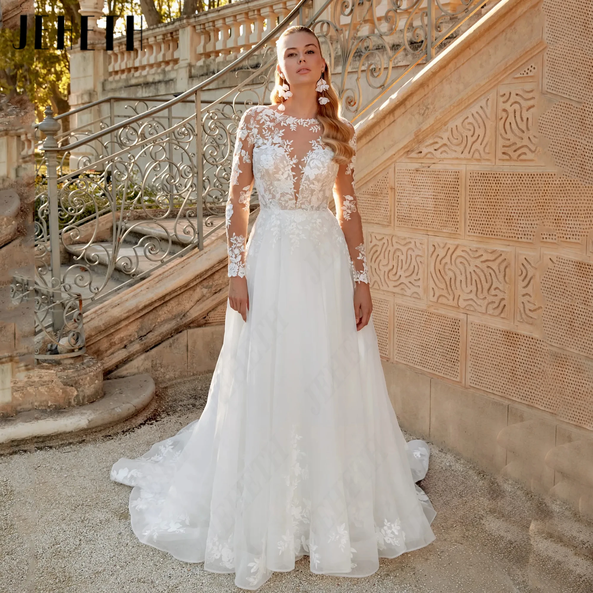 JEHETH Lace Illusion Long Sleeves Bridal Gown Scoop Neck Low Button Back Customizable Wedding Dress Sweep Train Elegant Tulle