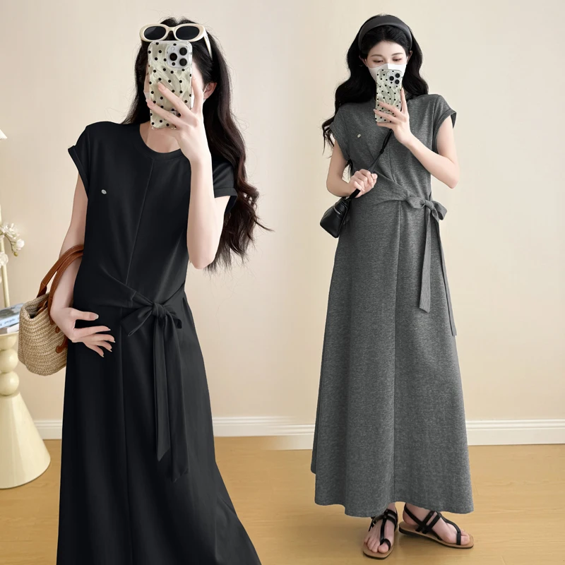 Woman Dress Summer Pure Color Linen Maternity Dress-Breathable Pregnancy Dress with Pockets Short Sleeve Square Collar Pregnant