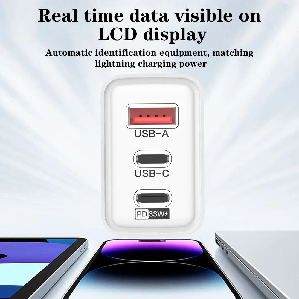 3 Ports USB Total 65W GaN Charger PD 33W Fast Charging Power Adapter Quick Charger 3.0 Type C Travel Power Adapter EU/US/UK Plug