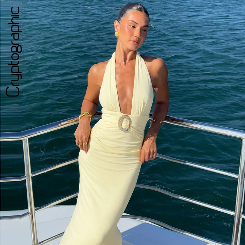 

Halter Deep V Neck Maxi Dress Ring Detail Backless Ruched Waist Bodycon Sleeveless Elegant Vacation Cocktail Party Summer 2026