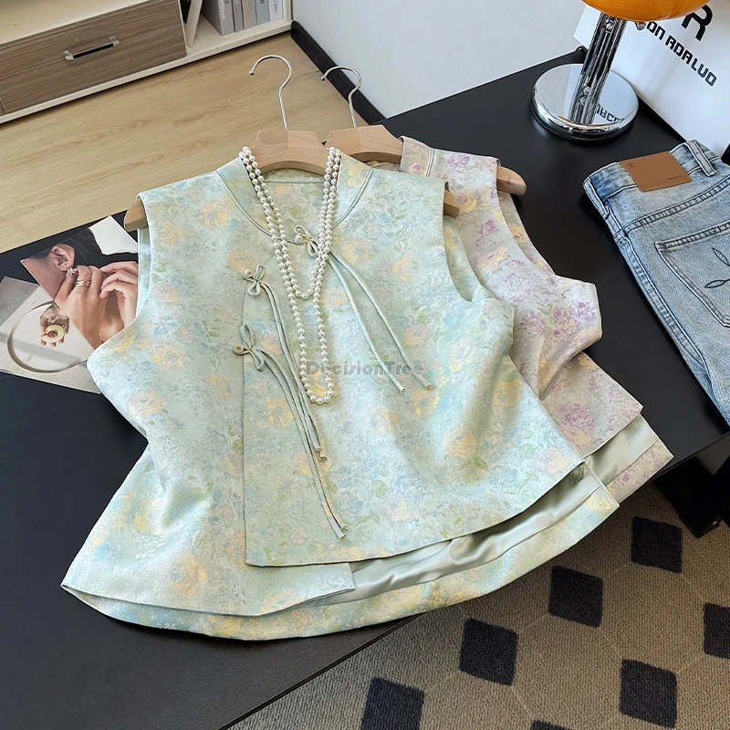 

2025 китайский ретро национальный стиль жаккардовый жилет без рукавов с воротником-стойкой традиционный жилет Тан костюм Cheongsam топ женский t001