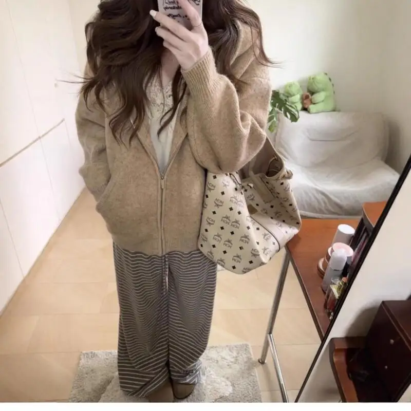 

Women's Casual Pants Lazy Stripe Straight Leg Pants Loose Casual Wear Wide Leg Trousers Girl Winter Knitwear Early Autumn New