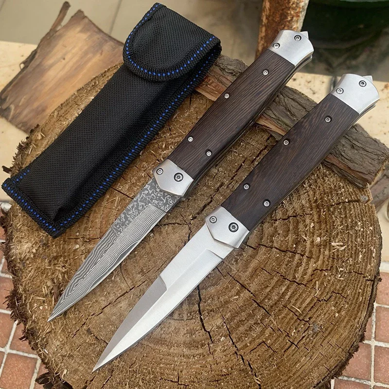 2024 Damascus/440C Steel Outdoor Pocket AU.TO Folding Knife, Stabilized Wood Handle Sharp Combat Hunting Camping Knives