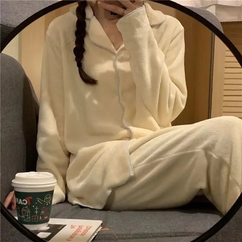 

Women's Pajamas Sets Casual Autumn Winter Sleepwear Velvet Pyjama Ladies Cardigan Simple Bedroom Soft Warm Home Clothes