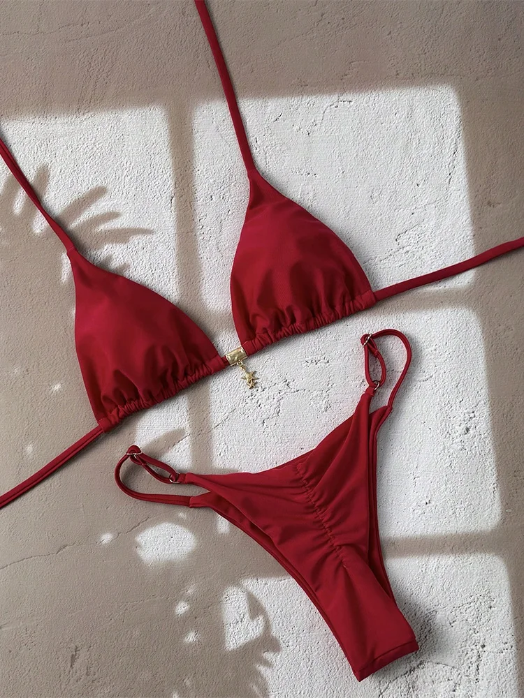 2026 full season backless bikini women's two-piece set sexy solid color lace up vacation bikini swimsuit beach Brazilian bikini