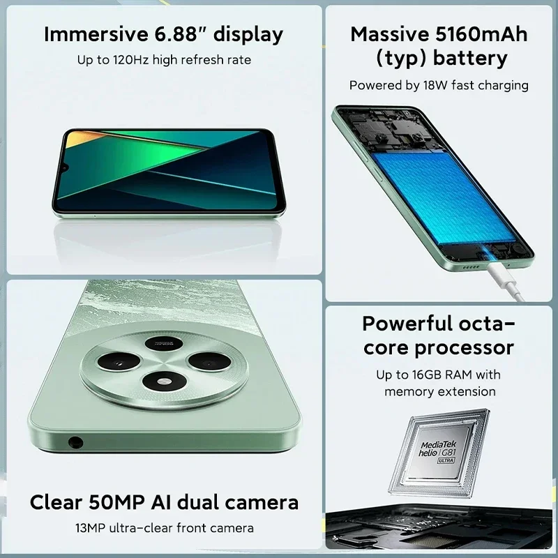 الإصدار العالمي POCO C75 هاتف ذكي 6.88 بوصة 120 هرتز عرض Helio G81-Ultra 5160mAh بطارية NFC 50MP AI كاميرا مزدوجة