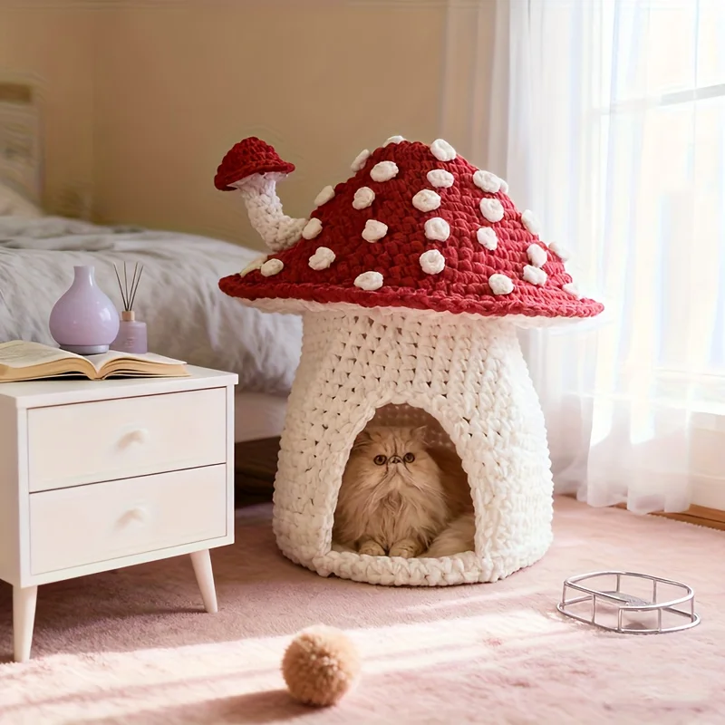 Pet Cat Bed Crochet Kit Mushroom Pattern Cute Cat House DIY Handmade Complete Tutorial Included Beginner Friendly Valentine's Birthday Gift