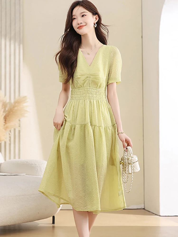 Vrouwen Groene Chiffon Geplooide Bodycon Midi Jurk Zomer Korte Mouw V-hals Casual Jurk 2025, Koreaanse Mode Elegante Avondjurk