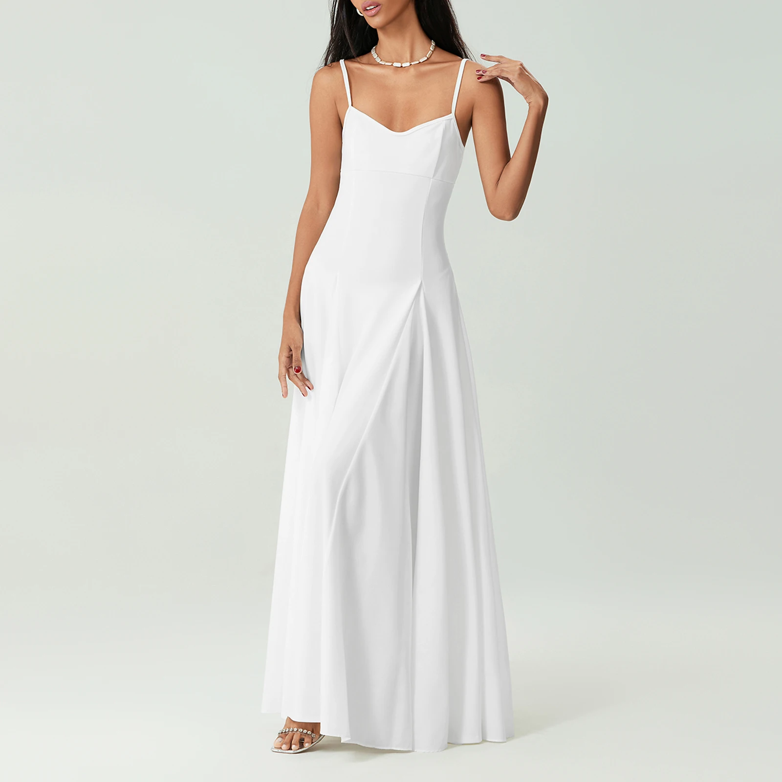 Vestido Feminino de Luxo de Verão Longo com Alça Fina Sem Mangas, Saia Ampla Casual Cor Sólida, Estilo Cami Moderno