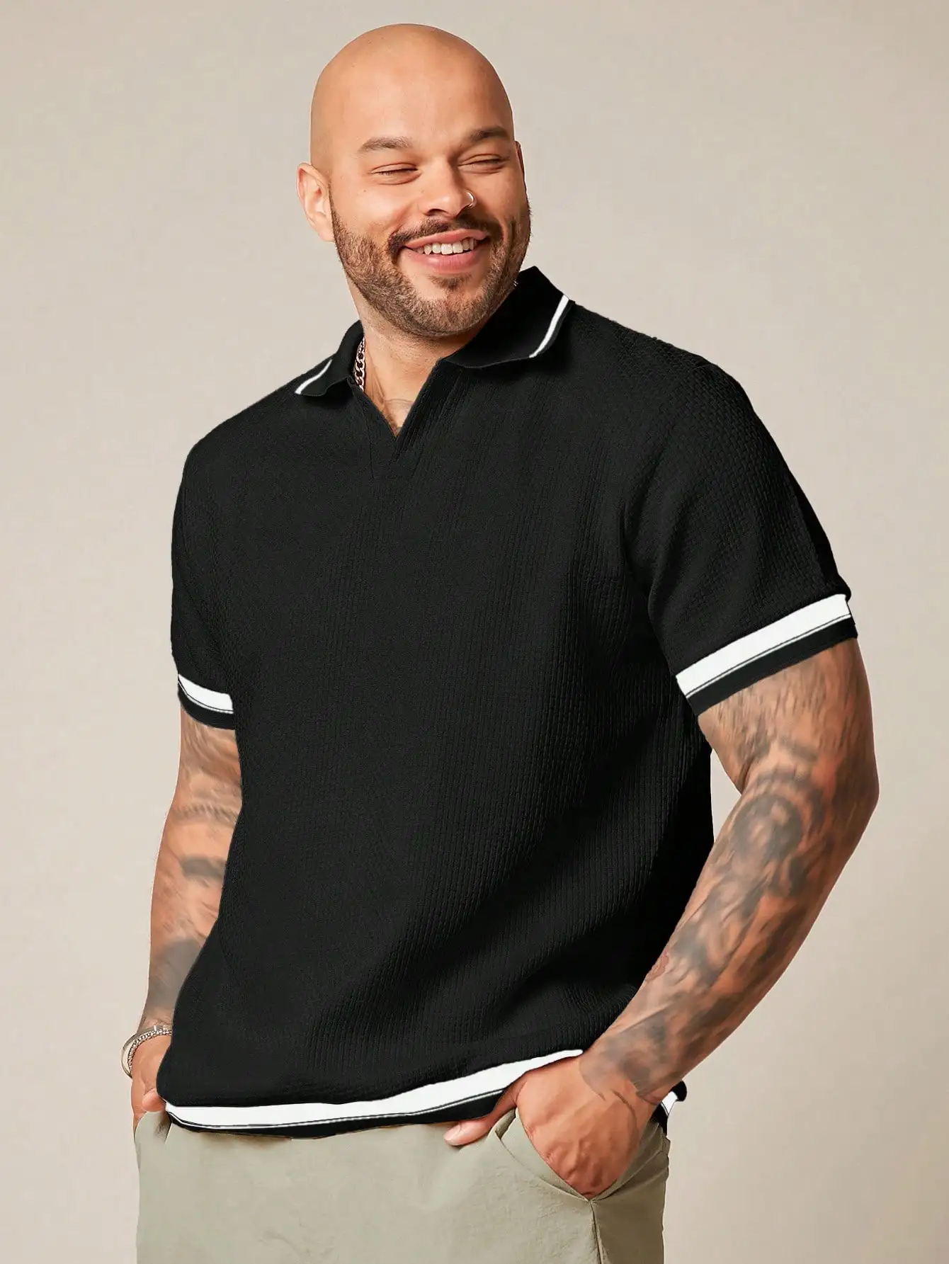 

Черная текстурированная трикотажная рубашка-поло с белой отделкой для мужчин, повседневная летняя одежда