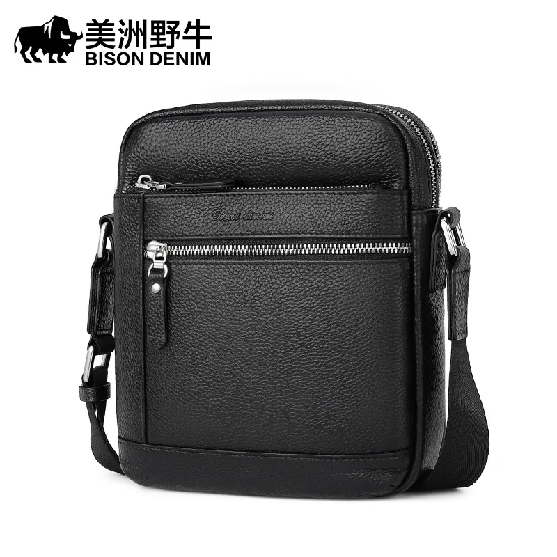 BISON DENIM Classic Black Male Bag Genuine Leather Business Crossbody Bag iPad Mens Messenger Bag Casual Bolsas Male N2845 2023