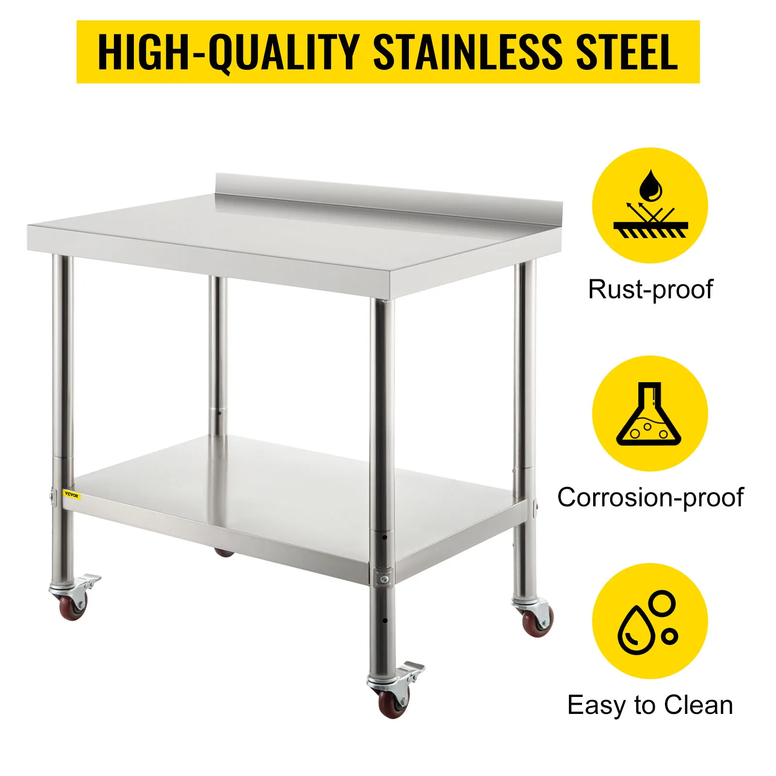 VEVOR Stainless Steel Work Prep Table 24 x 15 x 35/24 x 24 x 35/30 x 24 x 35/36 x 24 x 35 Inch 440lbs with Backsplash & Casters