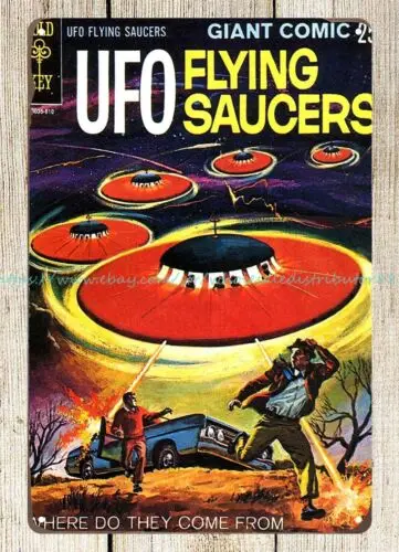 1968. Golden Key, UFO Flying Saucers Where do they come from metal tin sign