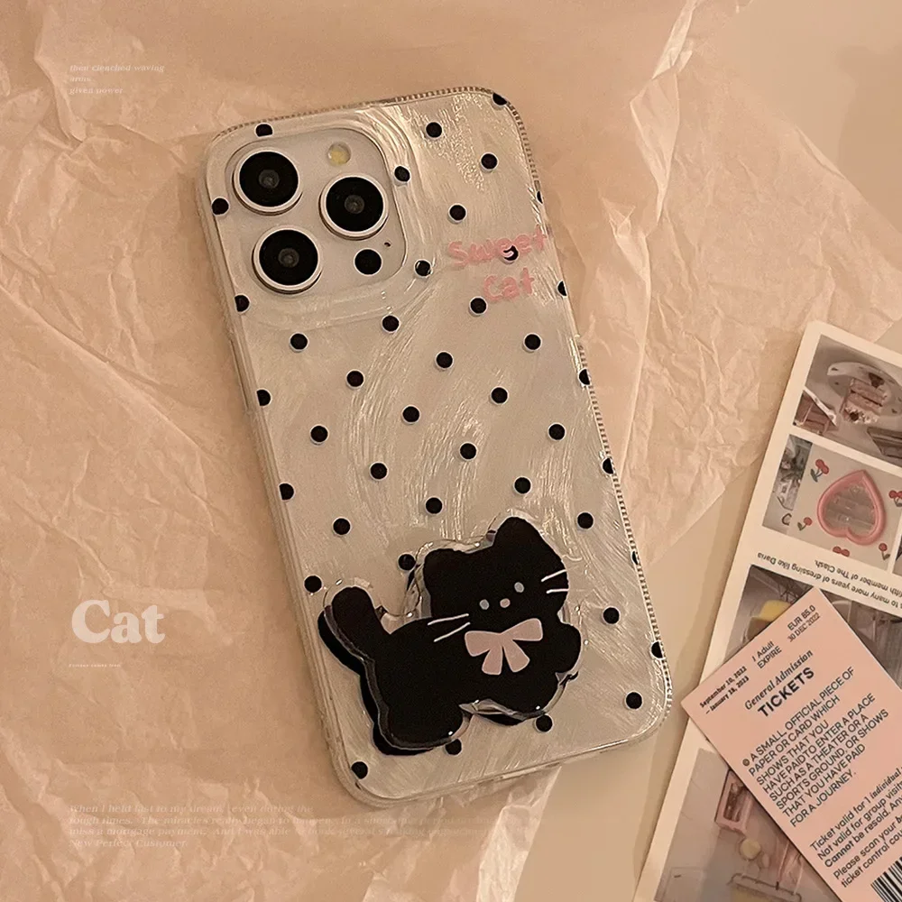 Ins Style Polka Dot Black Cat Bracket Phone Case for IPhone16 15 14 12 13 11 Pro ProMax Plus X XR Shockproof Phone Cover