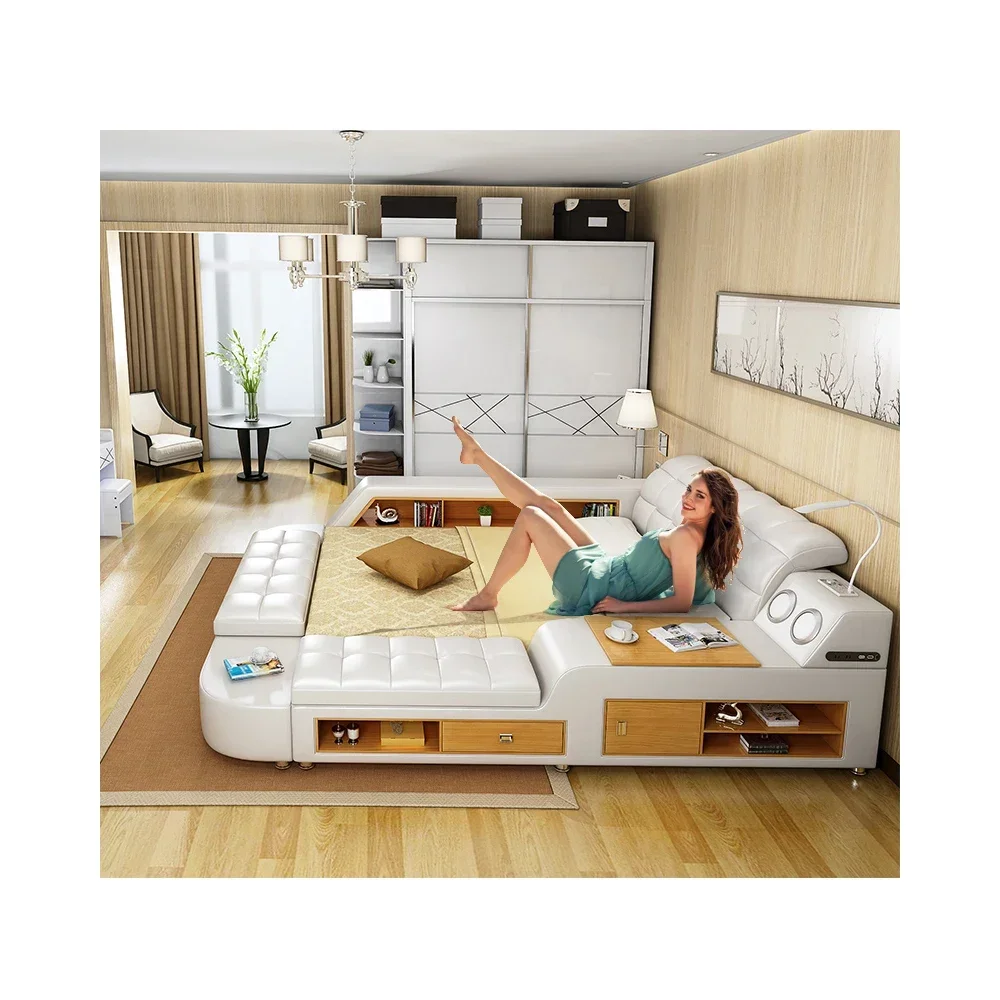 Modern Bedroom Storage Leather Bed Multifunction Massage Tatami Bed Smart Bed With USB Charge and Speaker