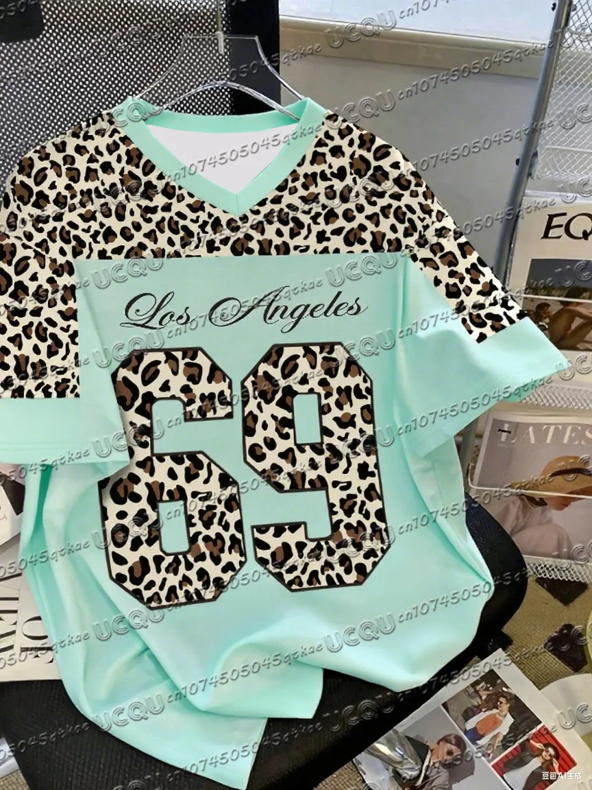 Sommer Modische Leopard Print Los Angeles V-ausschnitt frauen Grundlegende T-Shirt Kurzarm Sport T-shirt Lose Bequeme Tops T
