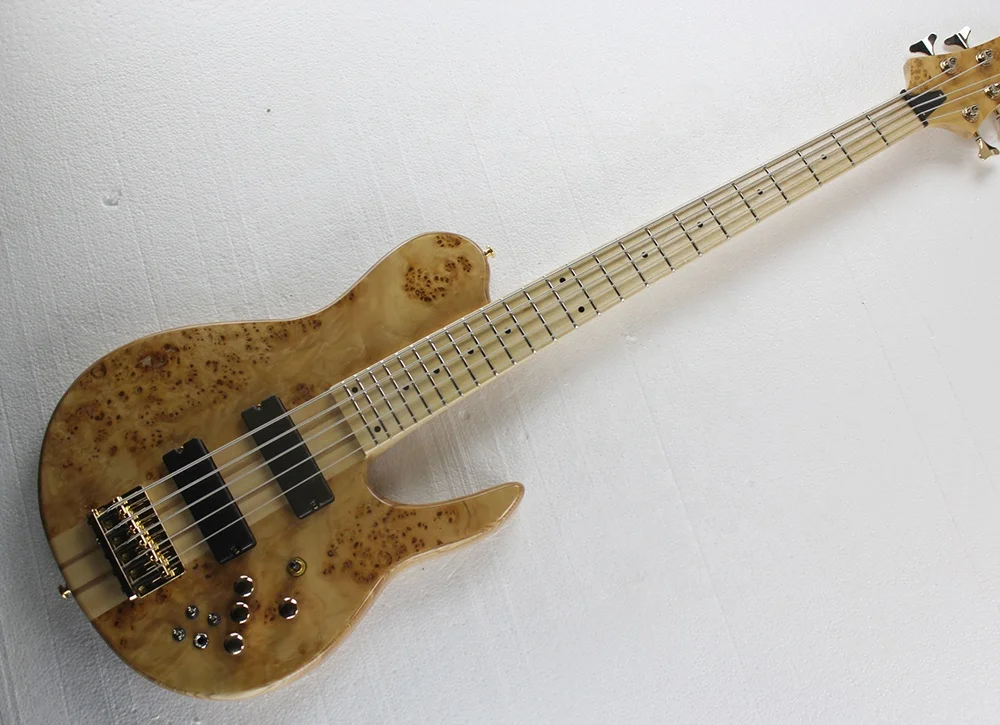 Flyoung Natural Wood Color Bass 5 Strings Electric Bass Guitar Neck Through Body Bass Guitar