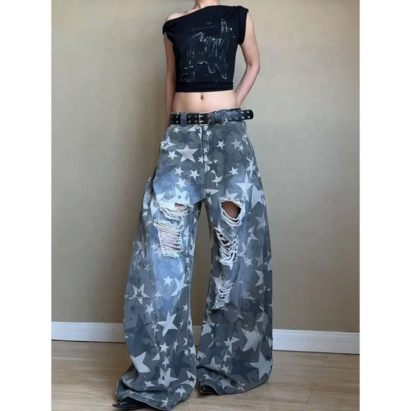 

Женские светло-серые рваные джинсы с высокой талией, винтажные классические прямые мешковатые джинсовые брюки Street Y2K, широкие джинсовые брюки в американском стиле