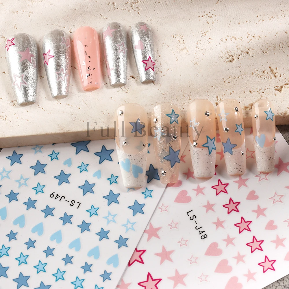 3D Blue Pink Star Nail Stickers Heart Nail Charms Sliders Silver Chrome Gel Polish Decals DIY Self-Adhesive  Accesories GLLS-J49