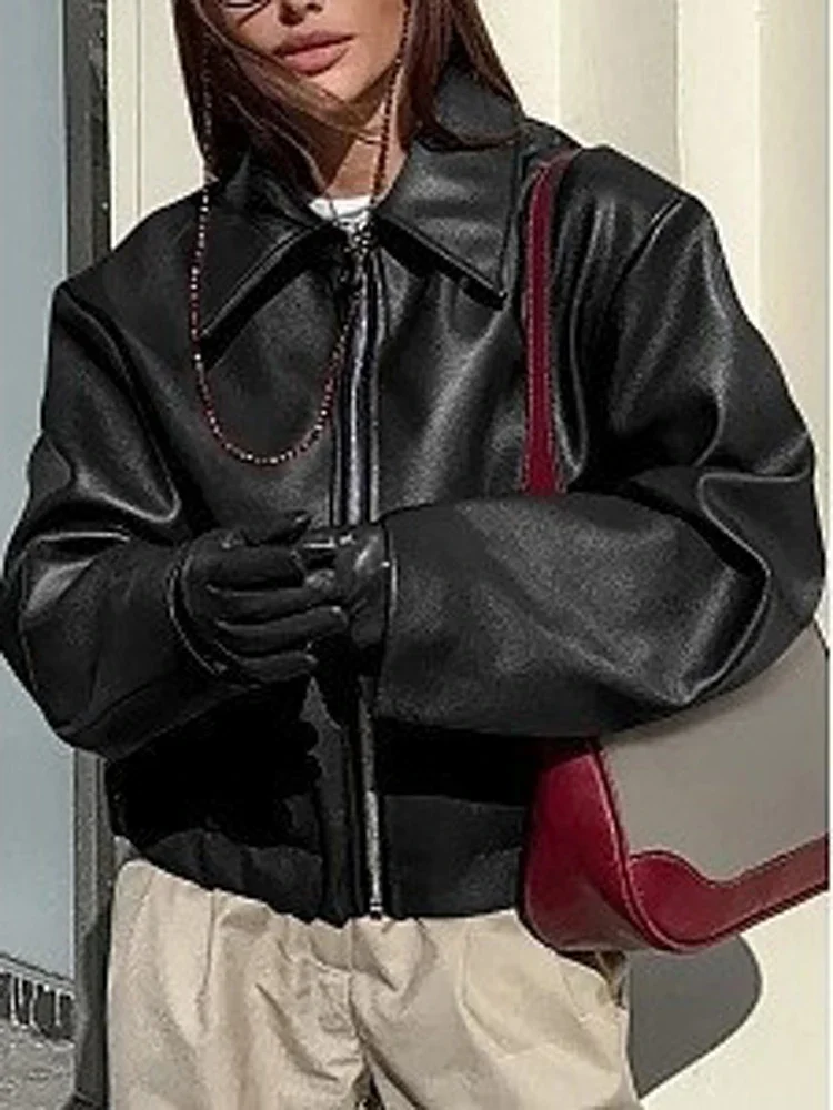Fashion Loose Solid Coat Women Street Pu Leather Full Sleeve Stand Collar Jackets Female 2026 Autumn Lady Chic Casual Outerwear