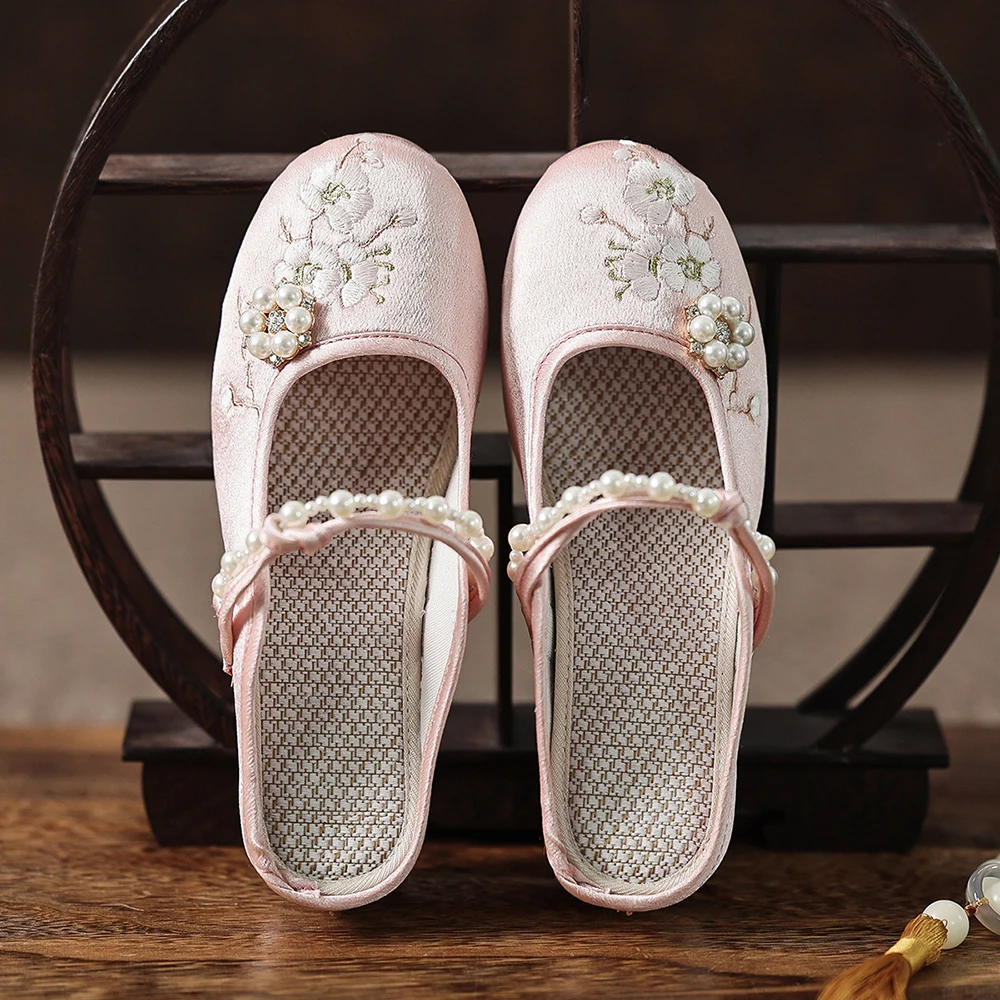 Veowalk 7cm Wedge Summer Stain Women Embroidered Flat Mules Slippers Breathable Comfortable Walking Shoes for Elegant Lady