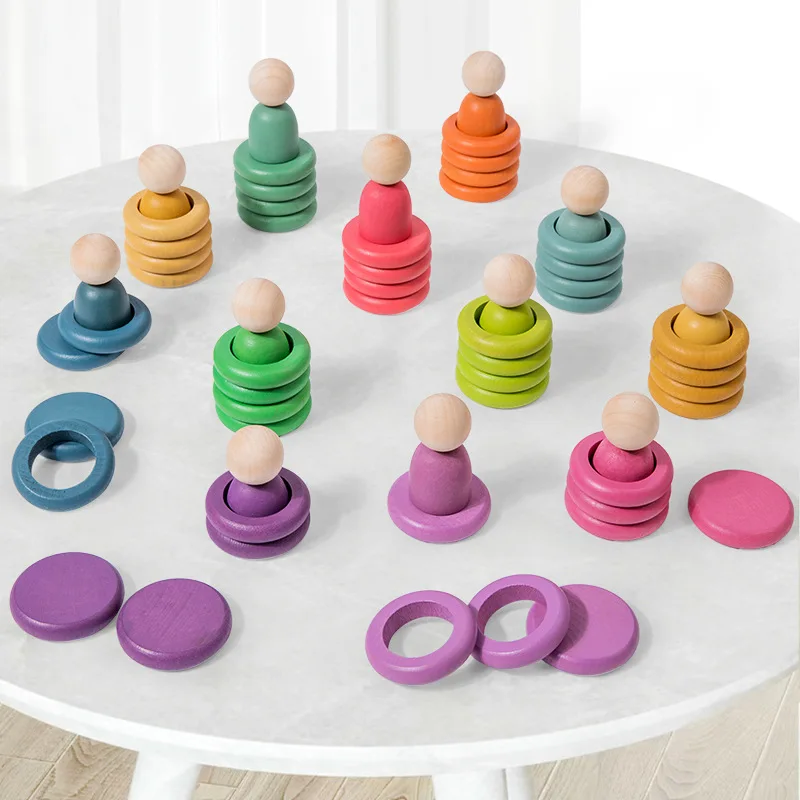 Montessori Building Blocks Wooden Rainbow Dolls Rings Matching Educational Toys Color Cognition Game for Kids Early Learning