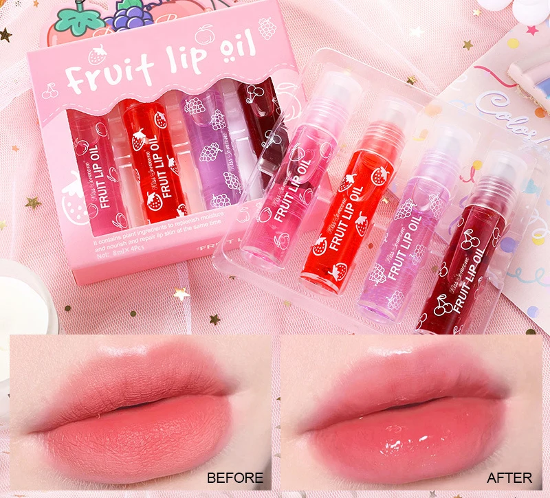 4 قطع/1 مجموعة من زيت الشفاه رولربال الفاكهة سائل بلسم الشفاه المرطب يمنع تشقق الشفاه يأتي مع كرة دوارة مرطبة #1